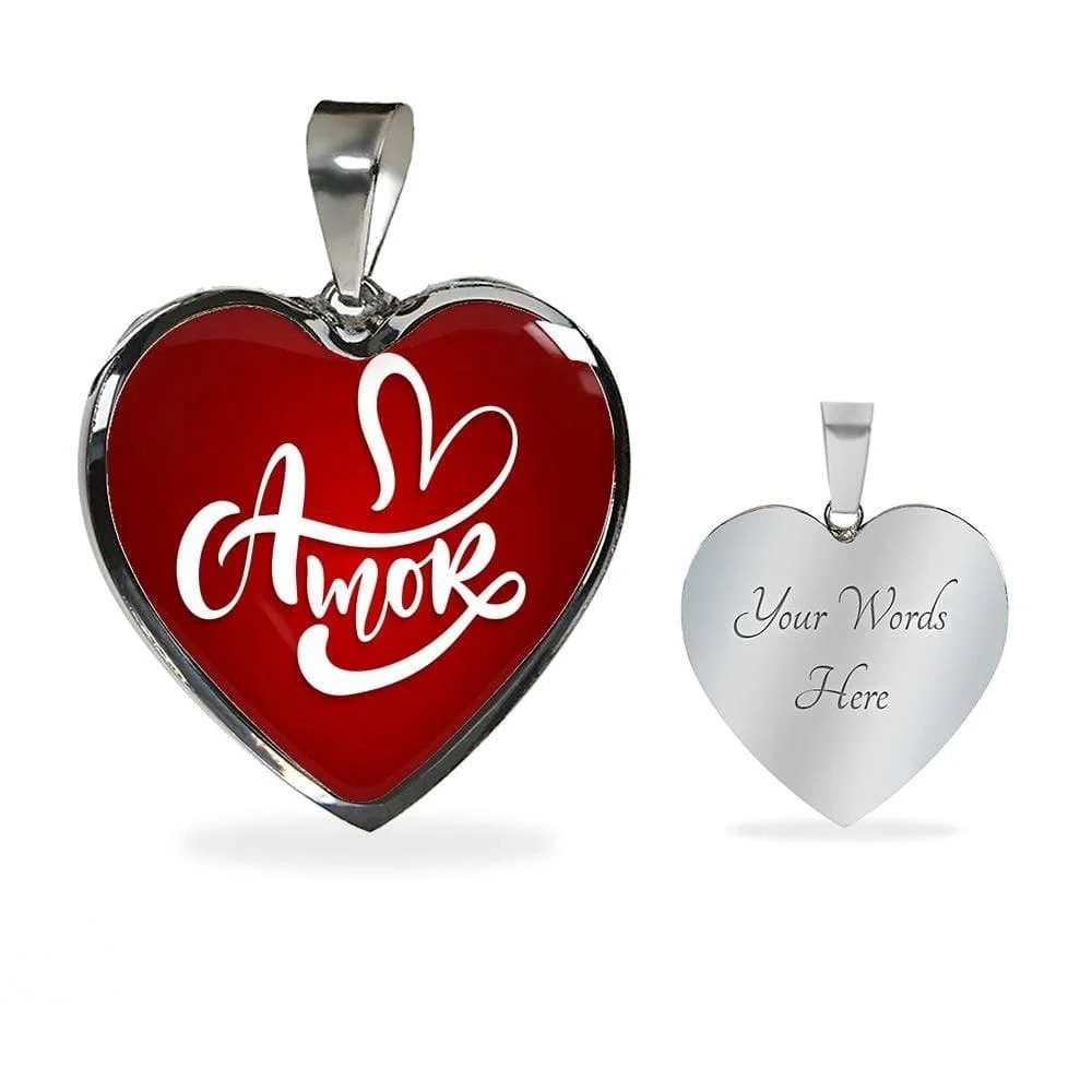 Amor Spanish Love Message Necklace Personalized Engraved Silver Heart Necklace